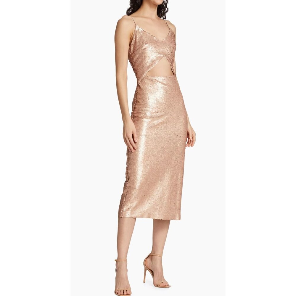 NEW L'AGENCE Femme cappuccino nude Sequin Cut-Out Midi-Dress Size 2